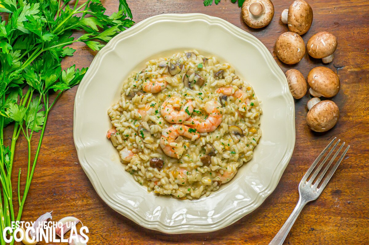 Risotto de champiñones y gambas